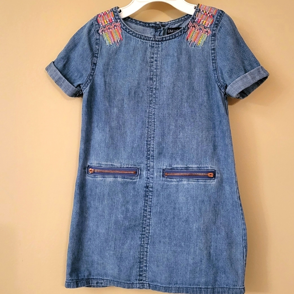 Denim dress with colorful shoulder design